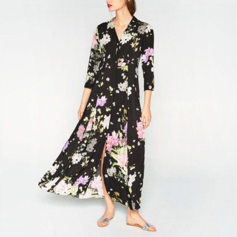 Zara Black Floral Long Sleeve Dress